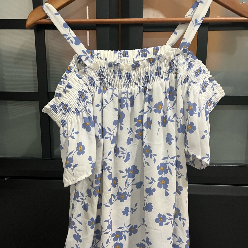 Sienna Sky White and Blue Smocked Ruffled Blouse